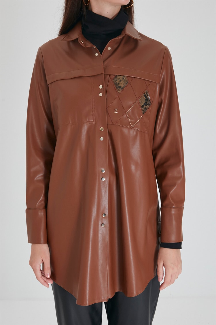 ZÜHRE Cep Detaylı Deri Camel Tunik T-1262