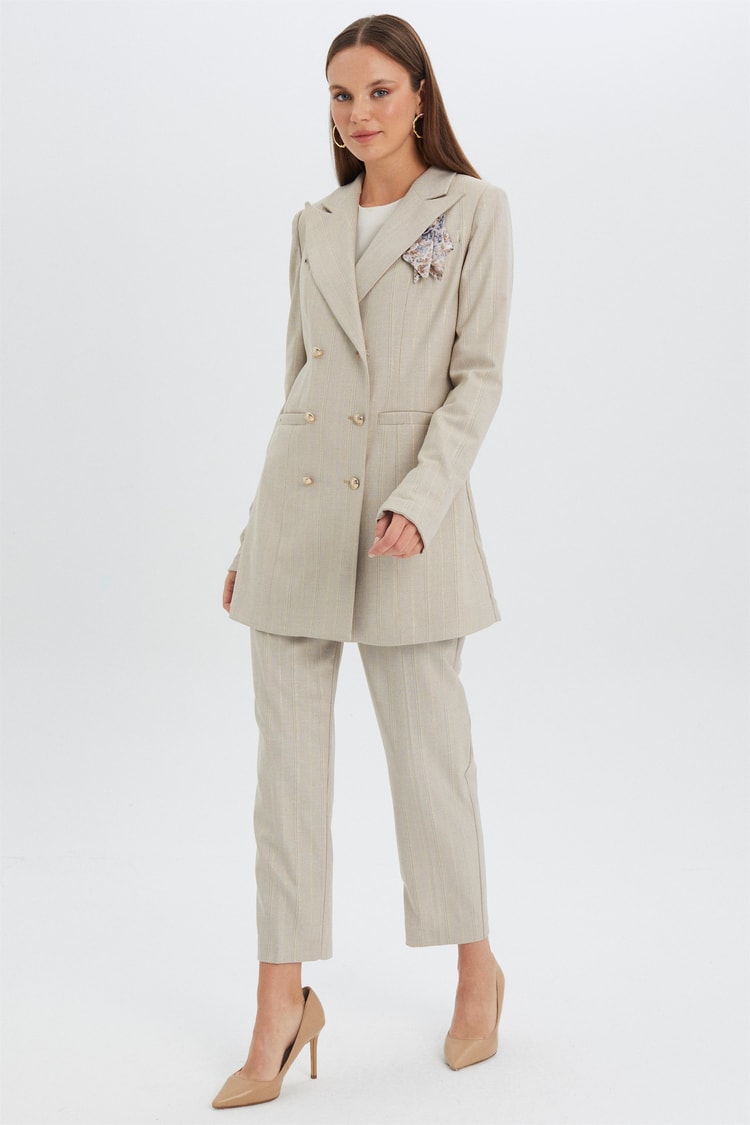 ZÜHRE Çizgi Desenli Blazer Ceket Pantolon Bej Takım TK-0928