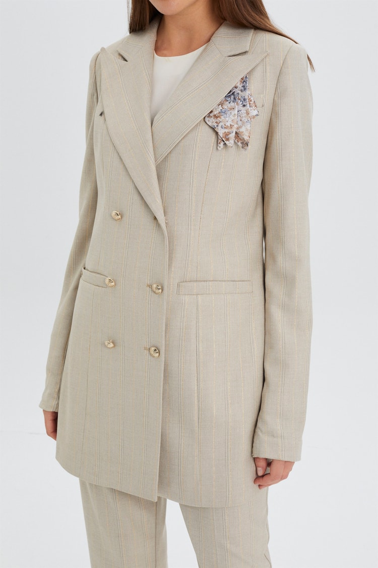ZÜHRE Çizgi Desenli Blazer Ceket Pantolon Bej Takım TK-0928