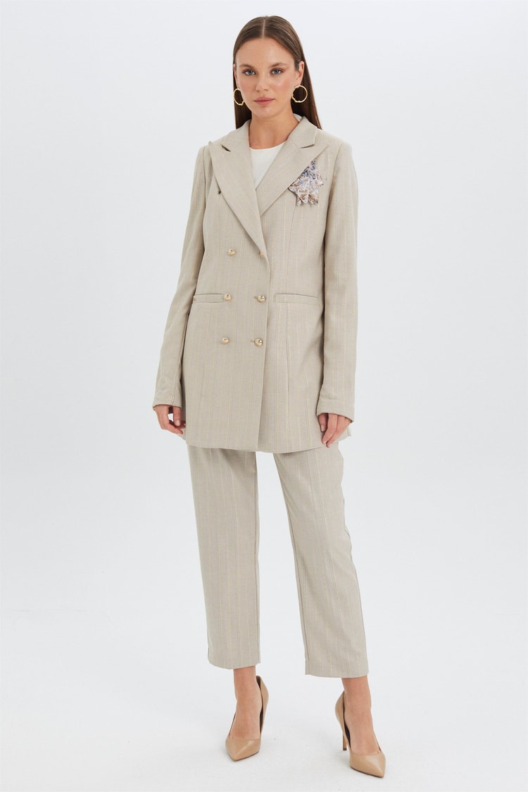 ZÜHRE Çizgi Desenli Blazer Ceket Pantolon Bej Takım TK-0928