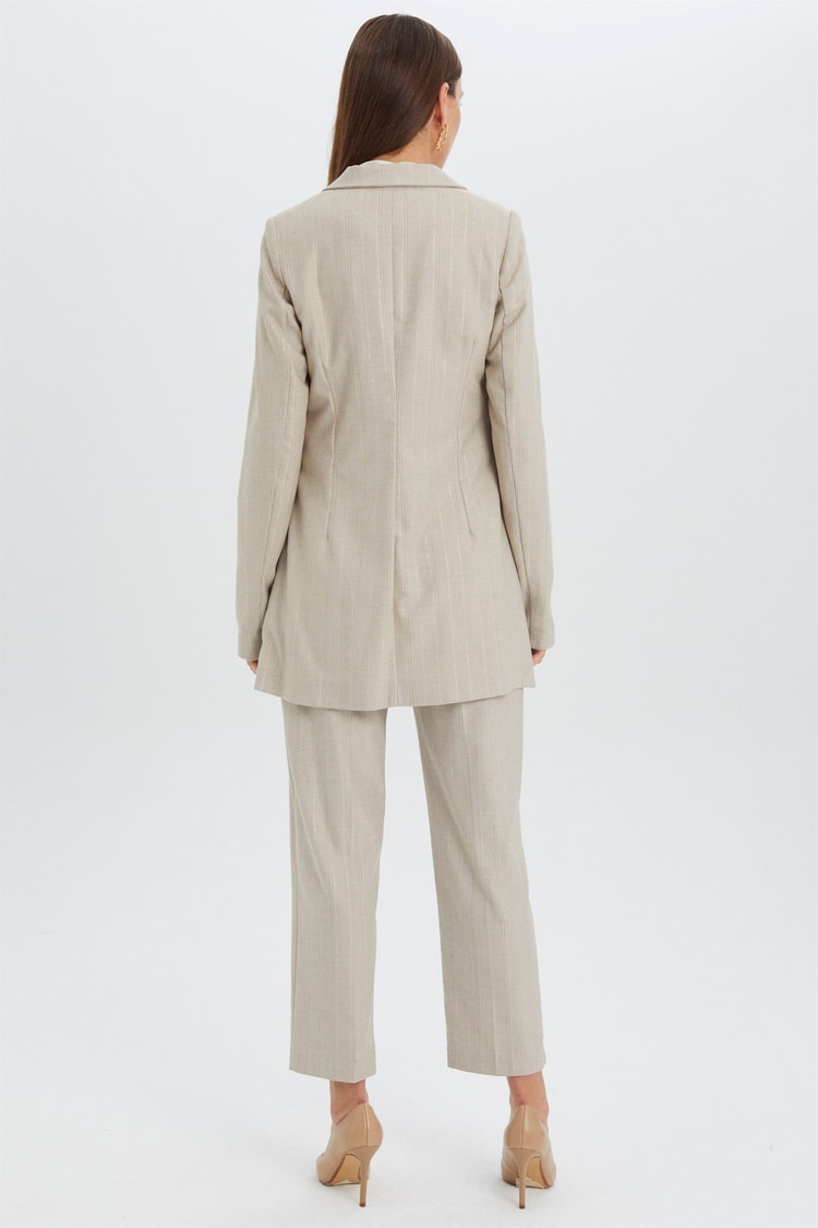 ZÜHRE Çizgi Desenli Blazer Ceket Pantolon Bej Takım TK-0928