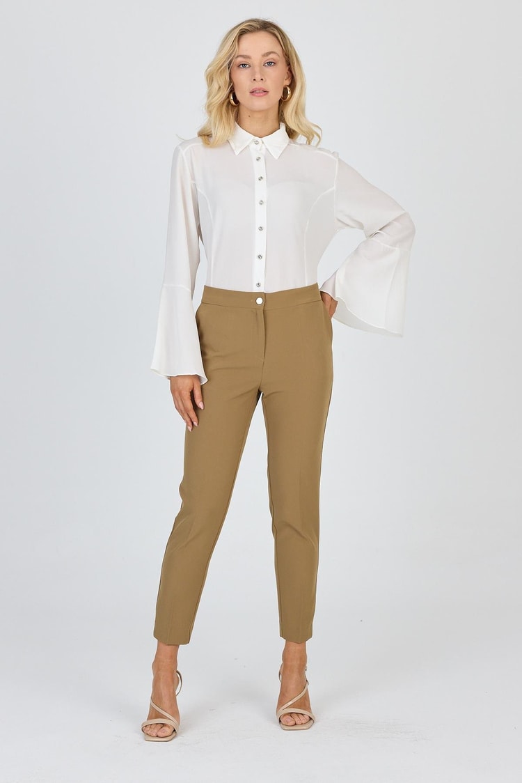 ZÜHRE Dar Paça Kumaş Pantolon Vizon P-0024