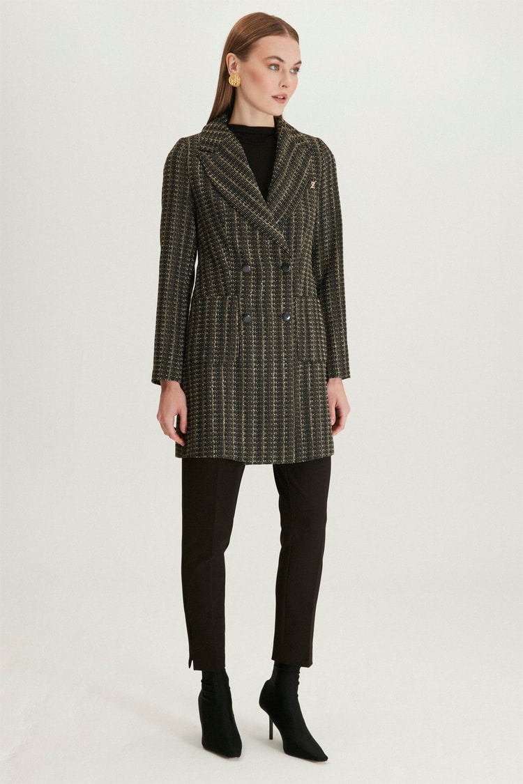 ZÜHRE Düğme ve Cep Detaylı Desenli Siyah Blazer Ceket C-0024