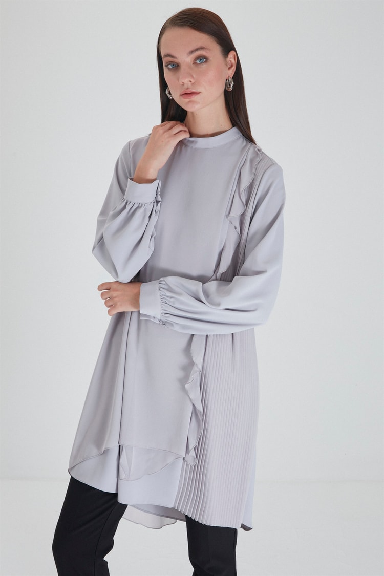 ZÜHRE Fırfır Detaylı Gri Tunik T-1199