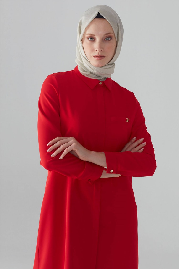 ZÜHRE Gizli Düğme Detaylı Tunik Kırmızı T-0767
