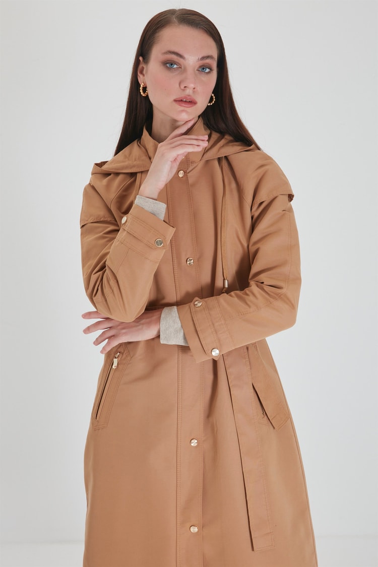 ZÜHRE Kapüşonlu ve Bel Kuşaklı Camel Trençkot 12610   