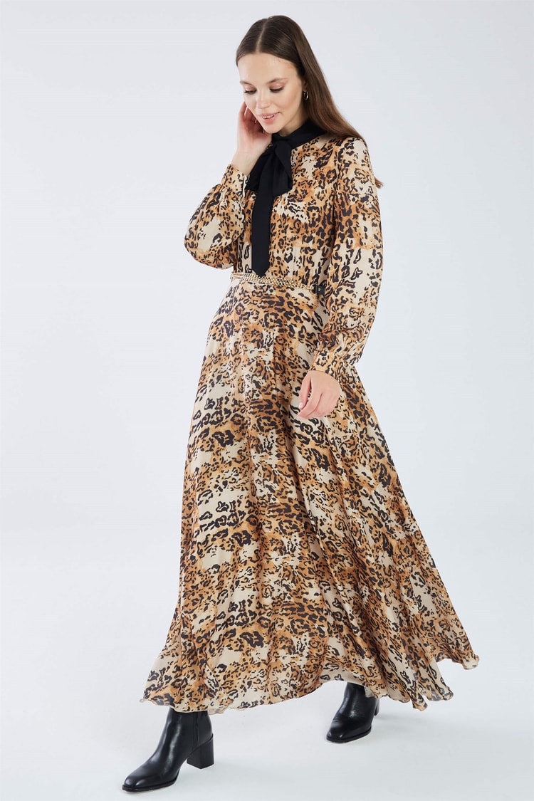 ZÜHRE Leopar Desenli Uzun Elbise E-0273