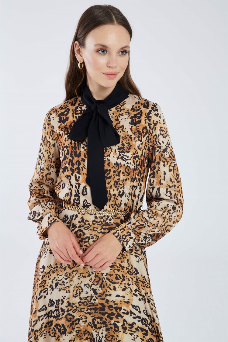 ZÜHRE Leopar Desenli Uzun Elbise E-0273