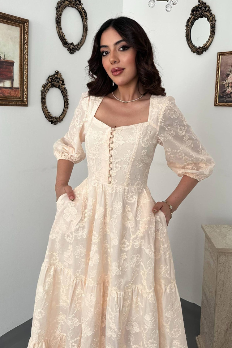 Beige Buttoned Embroidered Dress