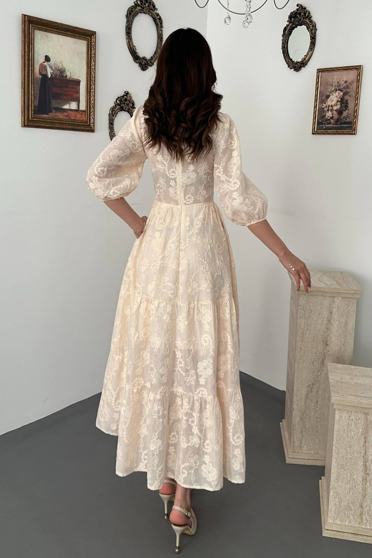 Beige Buttoned Embroidered Dress