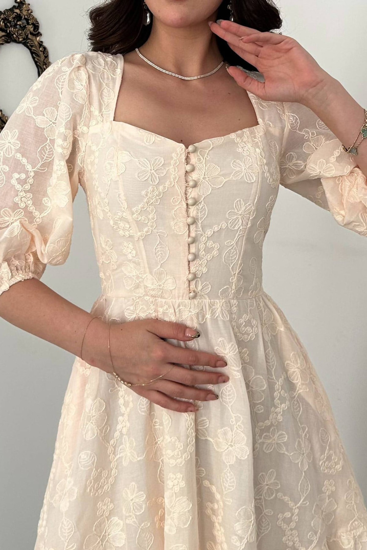 Beige Buttoned Embroidered Dress