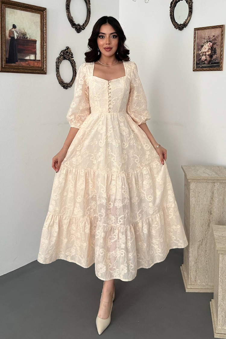 Beige Buttoned Embroidered Dress