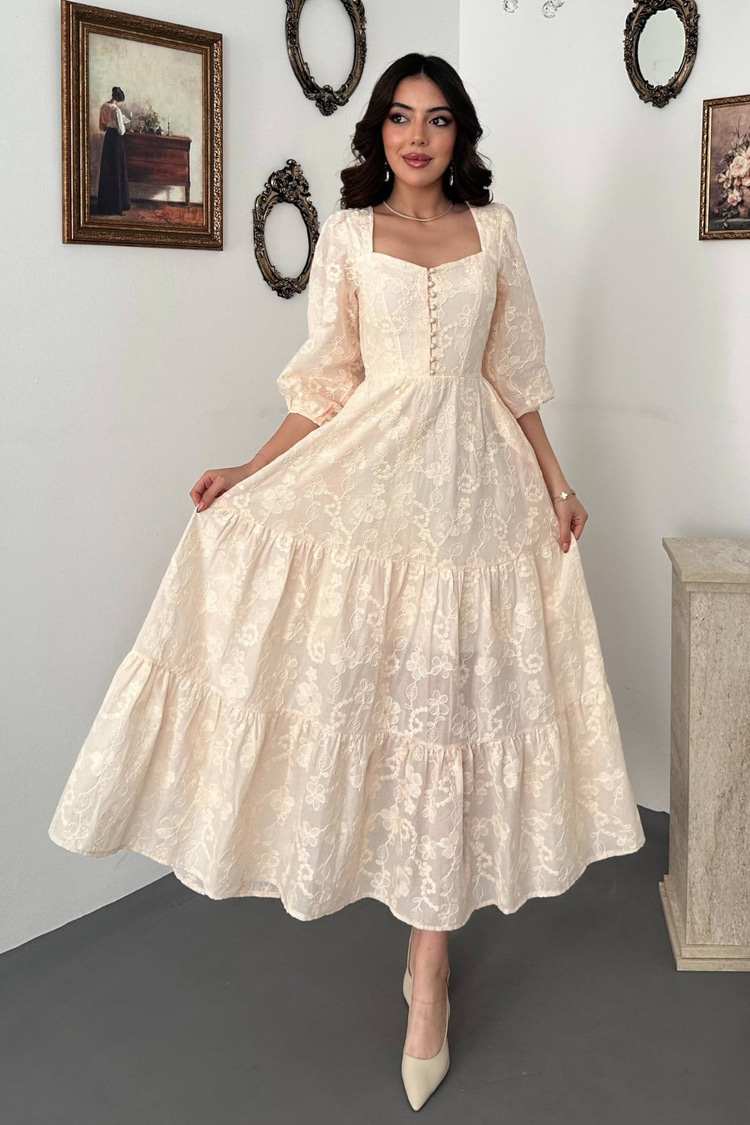 Beige Buttoned Embroidered Dress