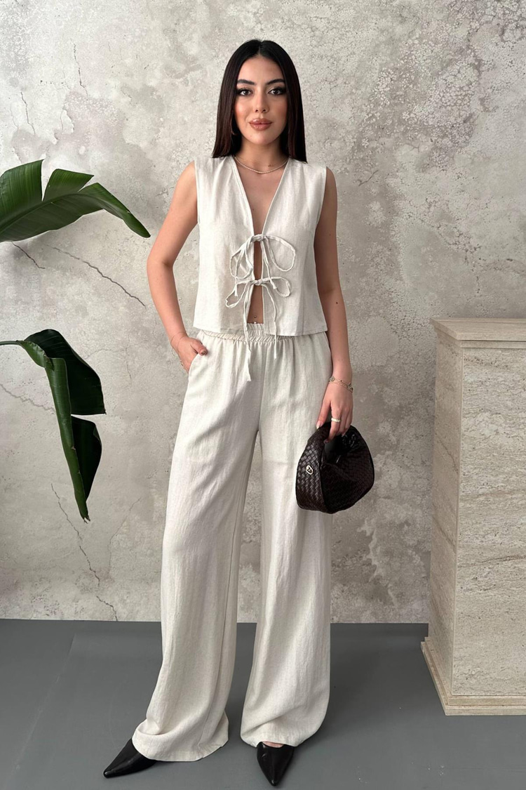 Beige Linen Suit With Bow Detail