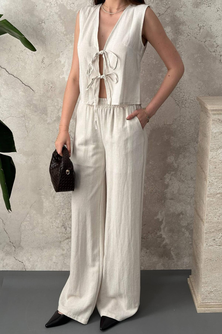 Beige Linen Suit With Bow Detail