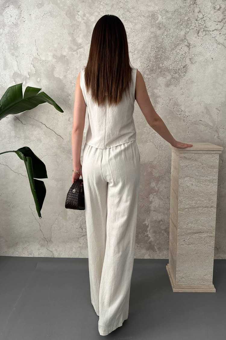 Beige Linen Suit With Bow Detail