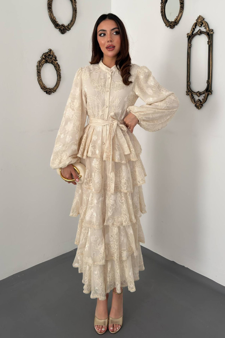 Beige Valance Striped Long Dress