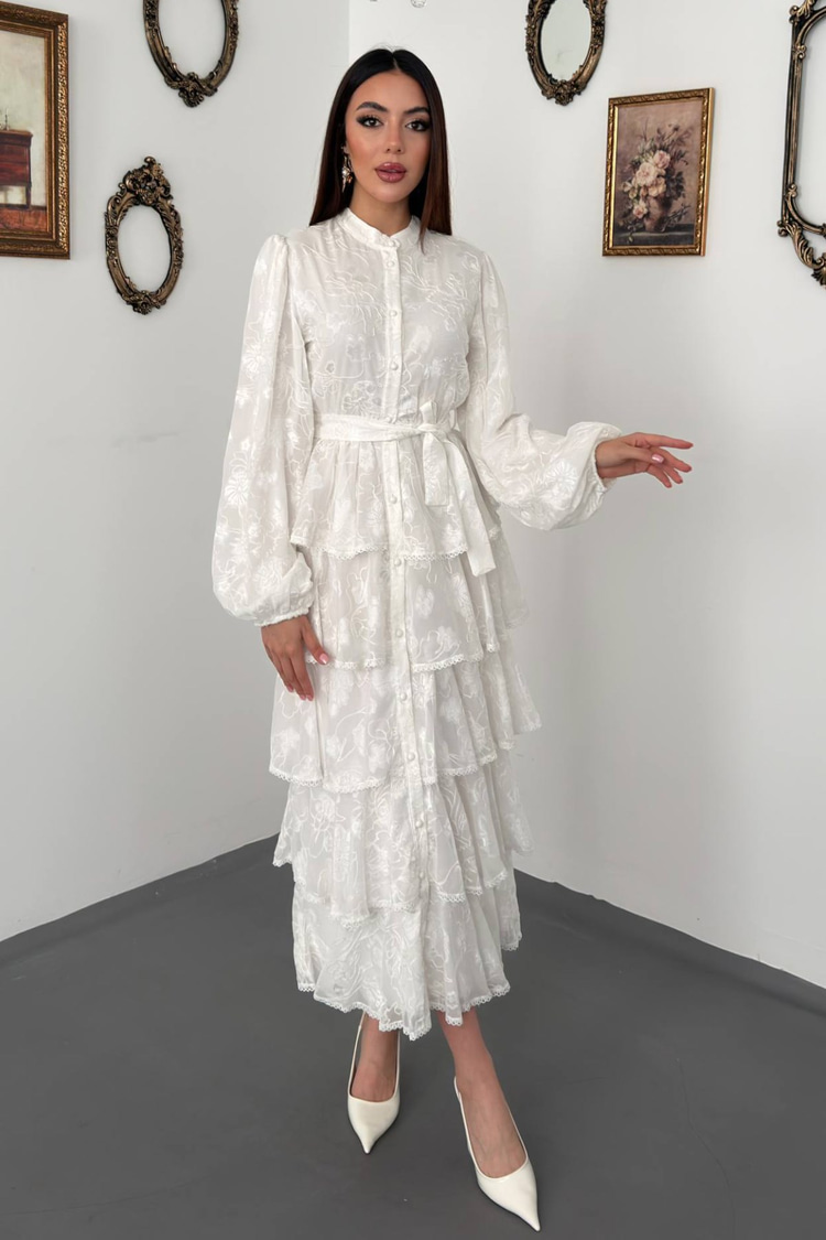 White Long Dress With Valance
