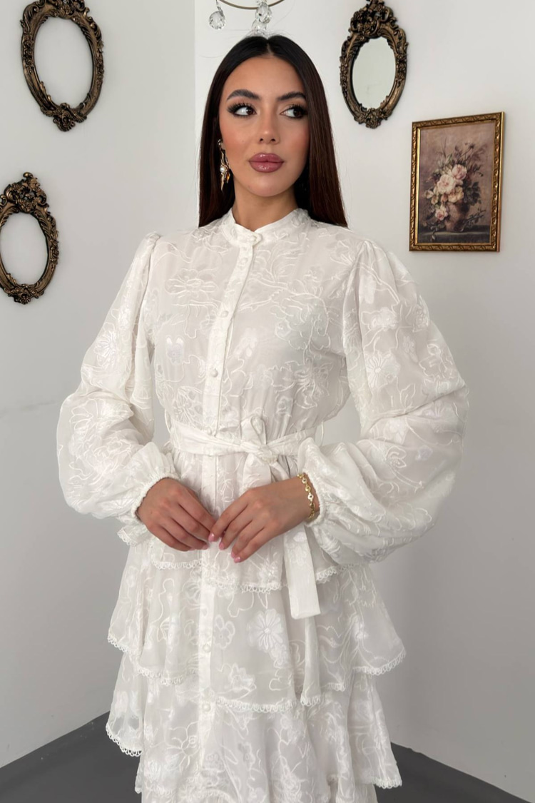 White Long Dress With Valance