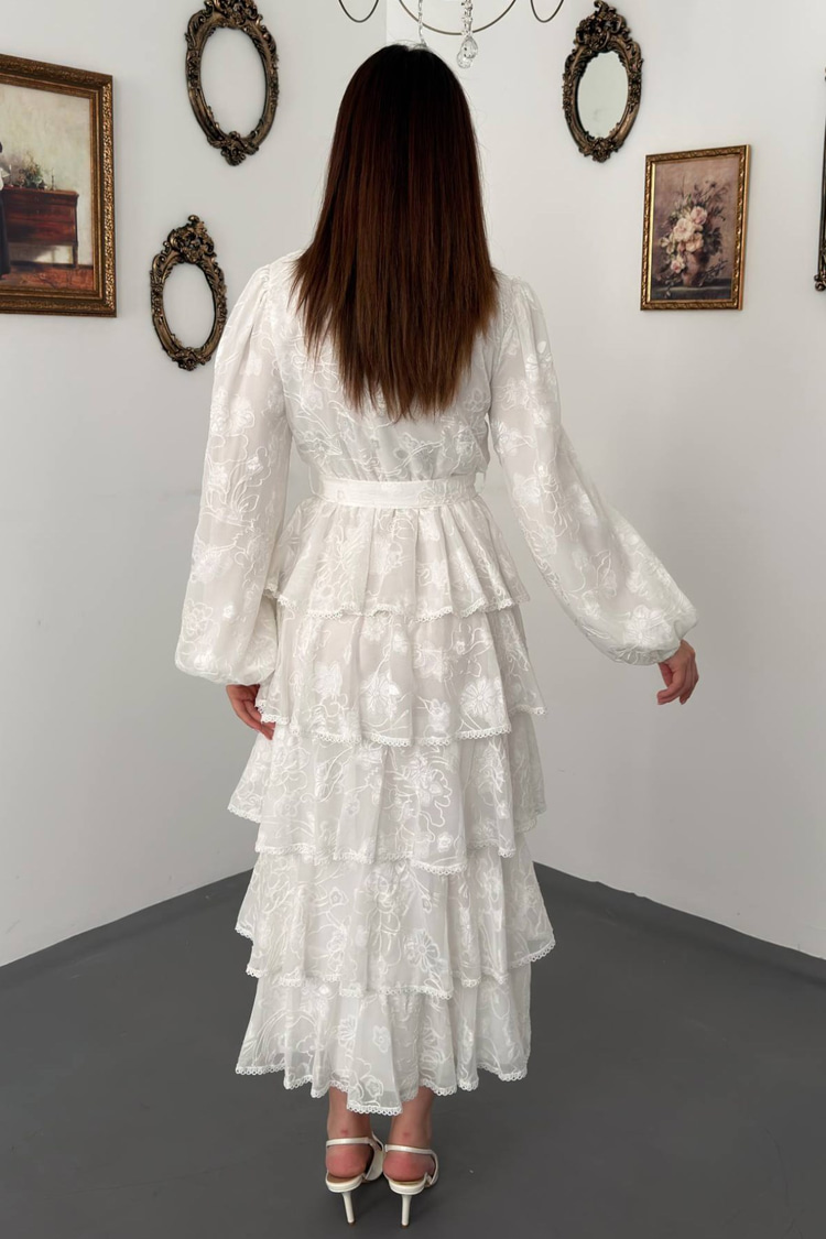 White Long Dress With Valance