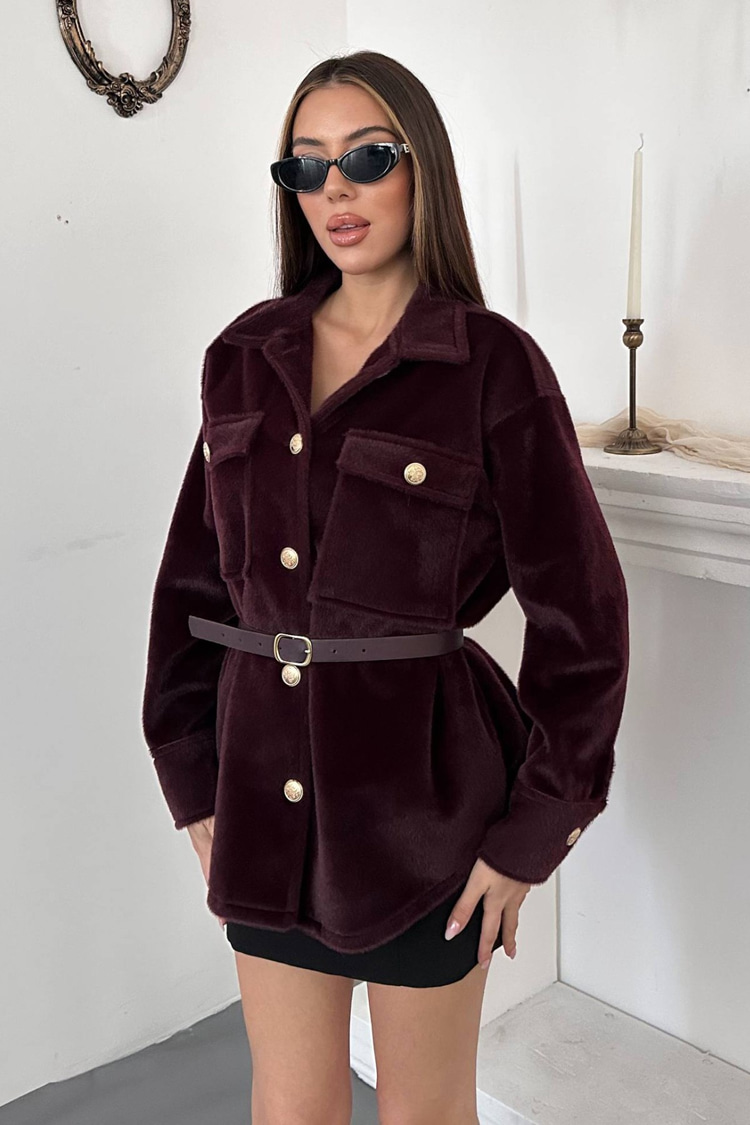 Burgundy Cashmere Shirt With Gold Buttons