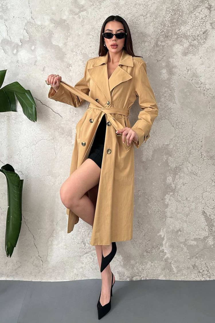 Camel Long Belted Trench Coat