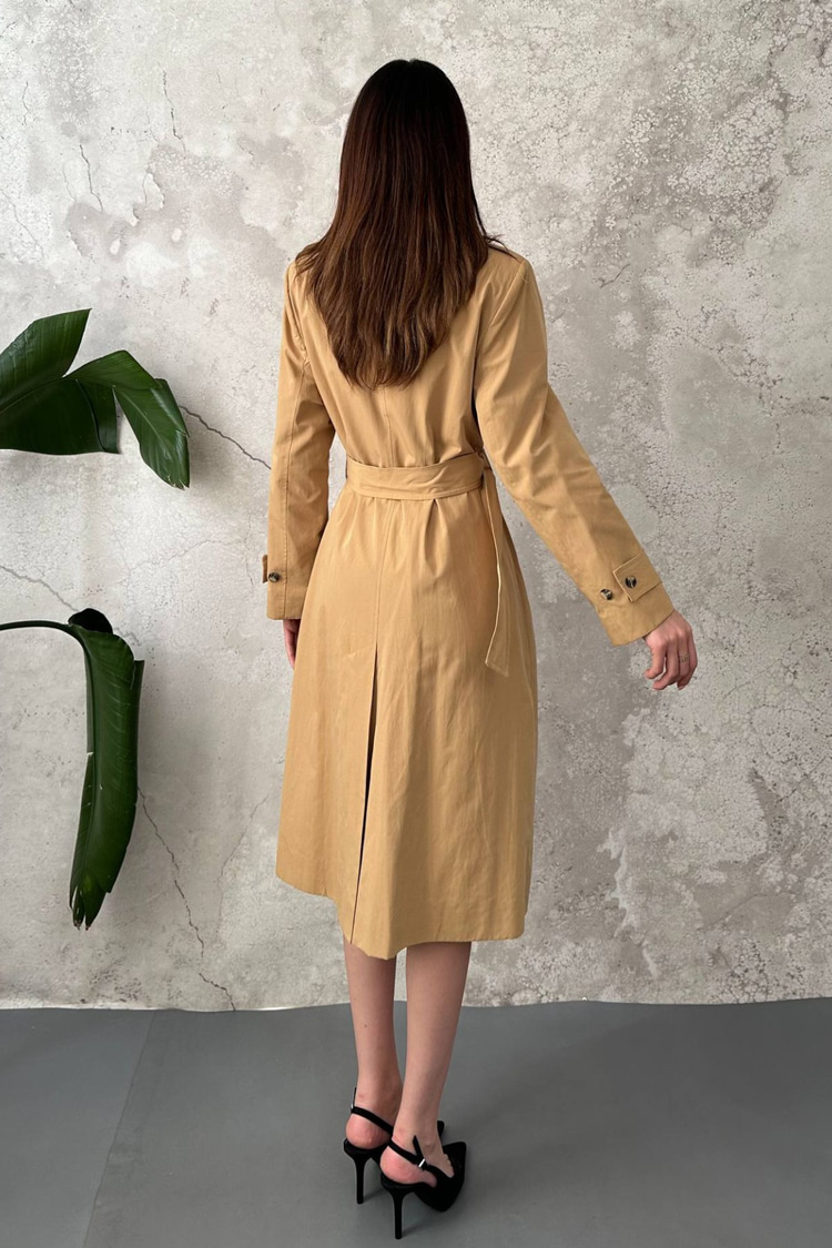 Camel Long Belted Trench Coat