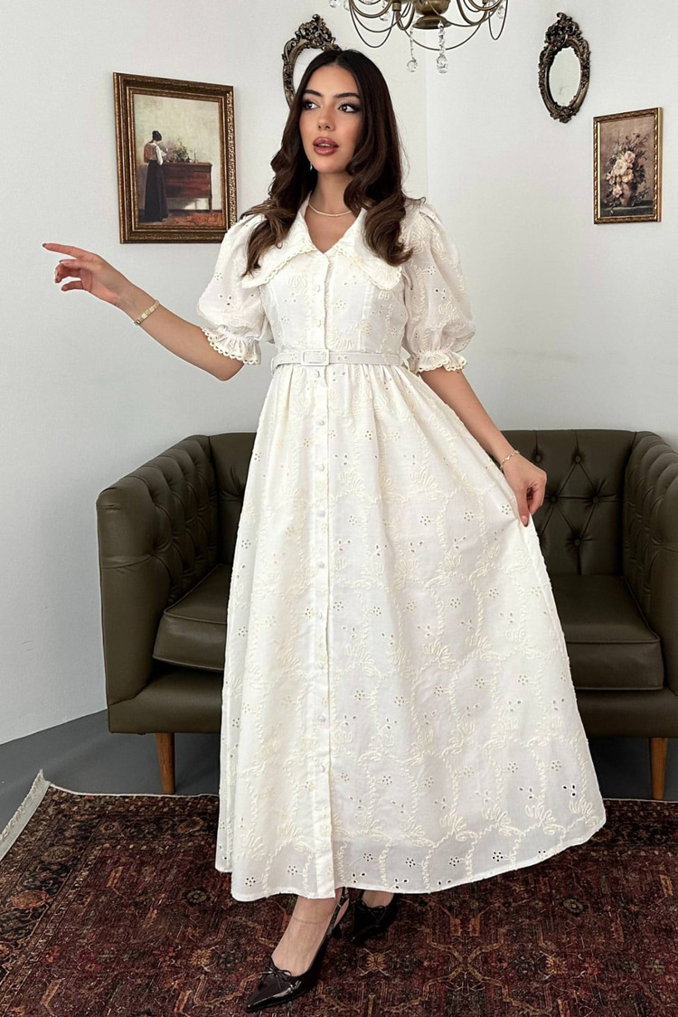 Off-White Dress With Lace Details And Balloon Sleeves