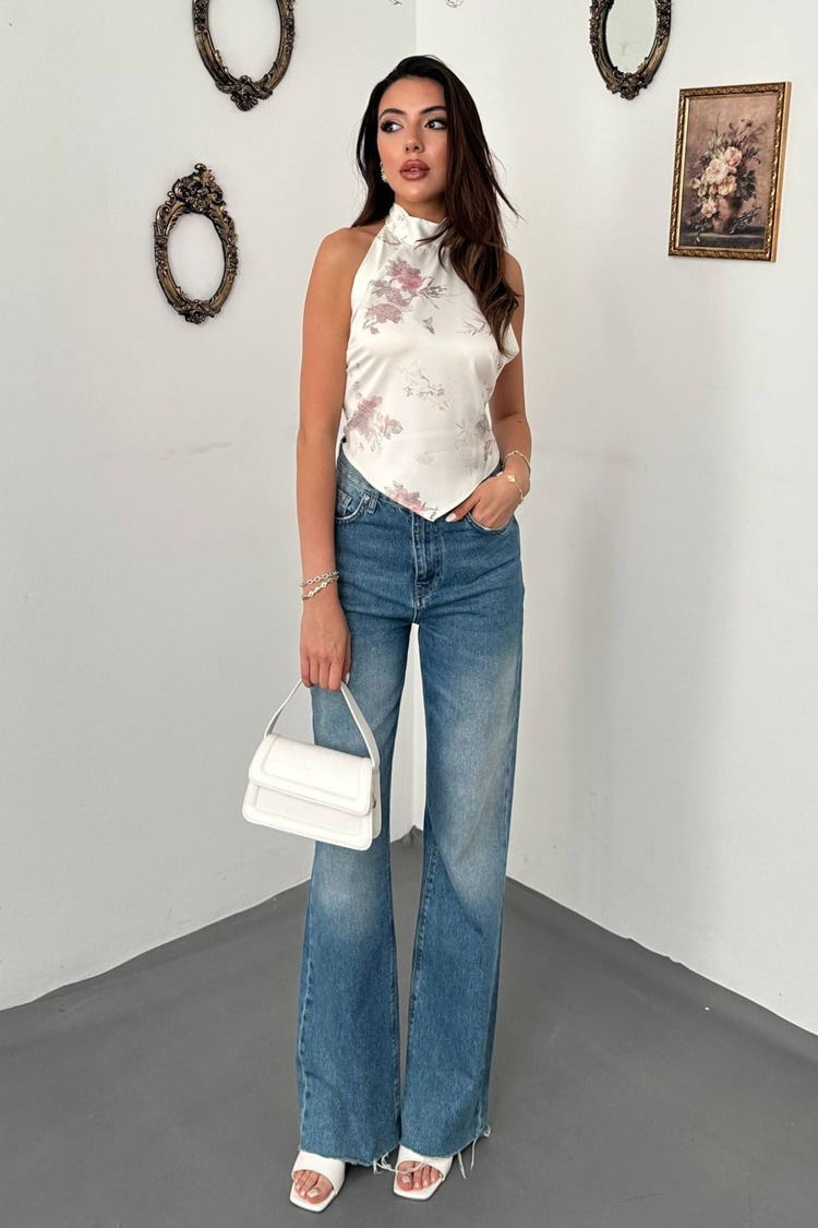Off-white satin soft floral tie-up blouse