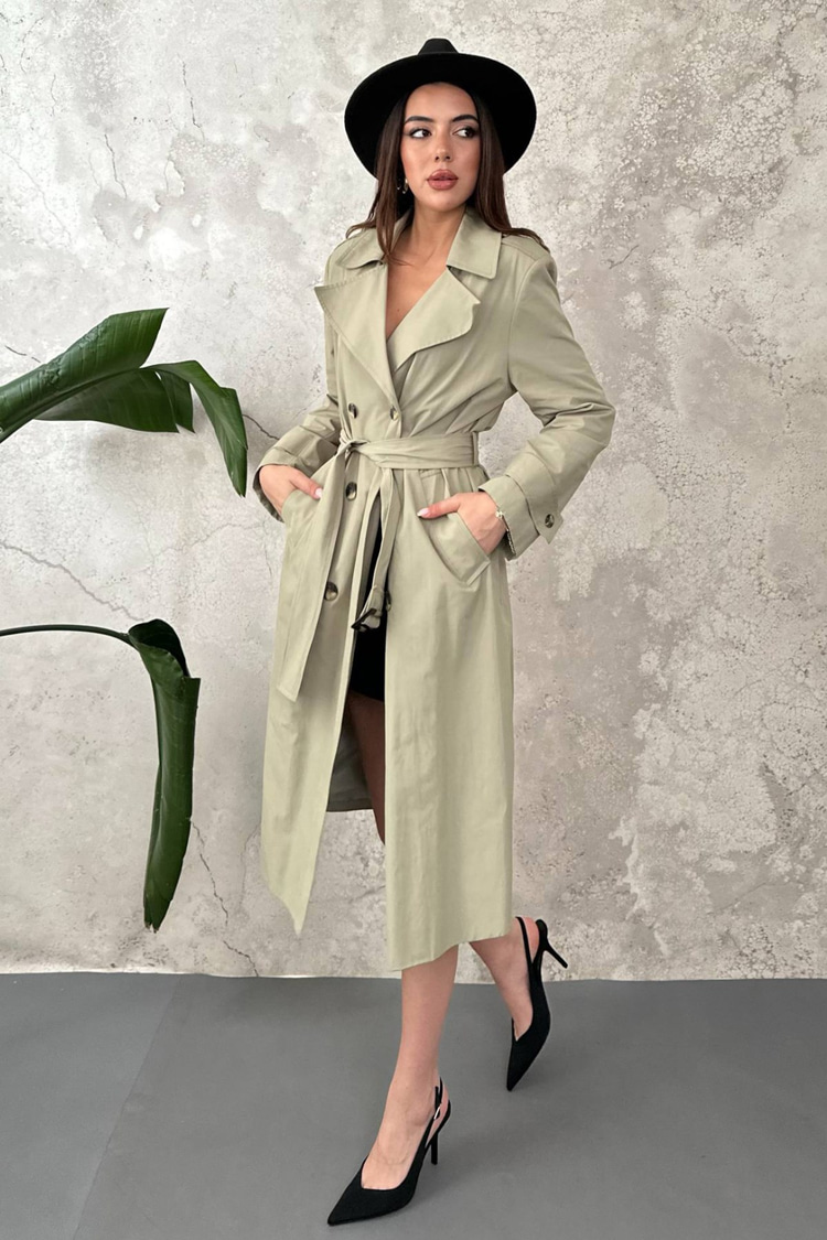 Khaki Long Belted Trench Coat