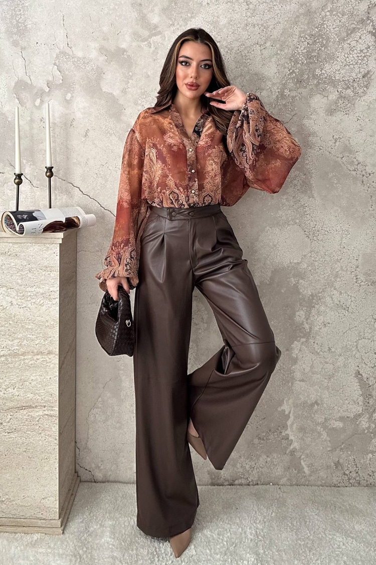 Brown Leather Snap Button Trousers