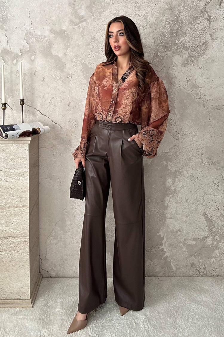Brown Leather Snap Button Trousers