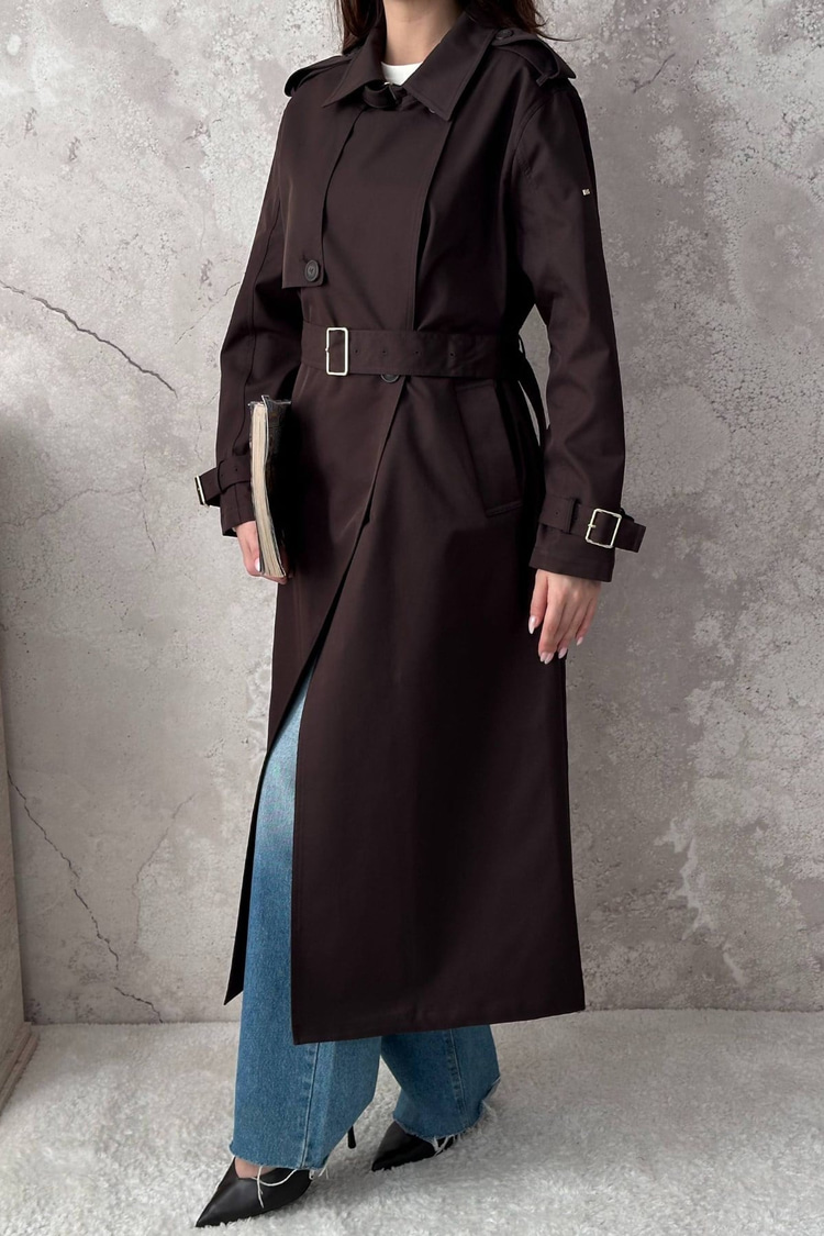 Brown Tone Buttoned Long Trench Coat