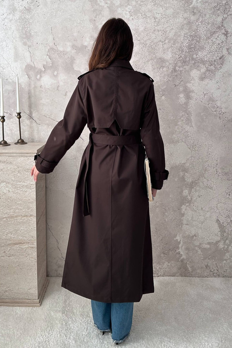 Brown Tone Buttoned Long Trench Coat