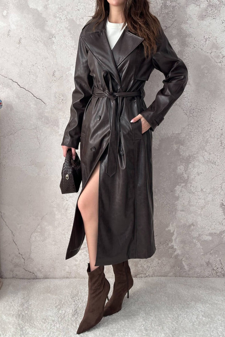 Brown Long Leather Trench Coat