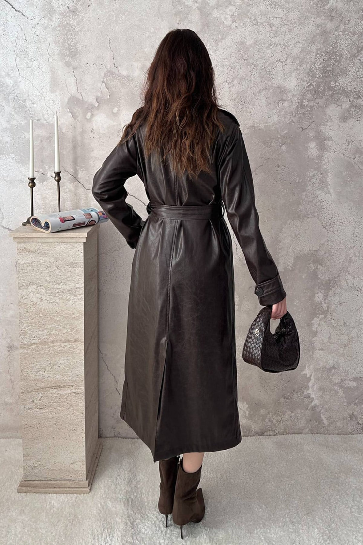 Brown Long Leather Trench Coat