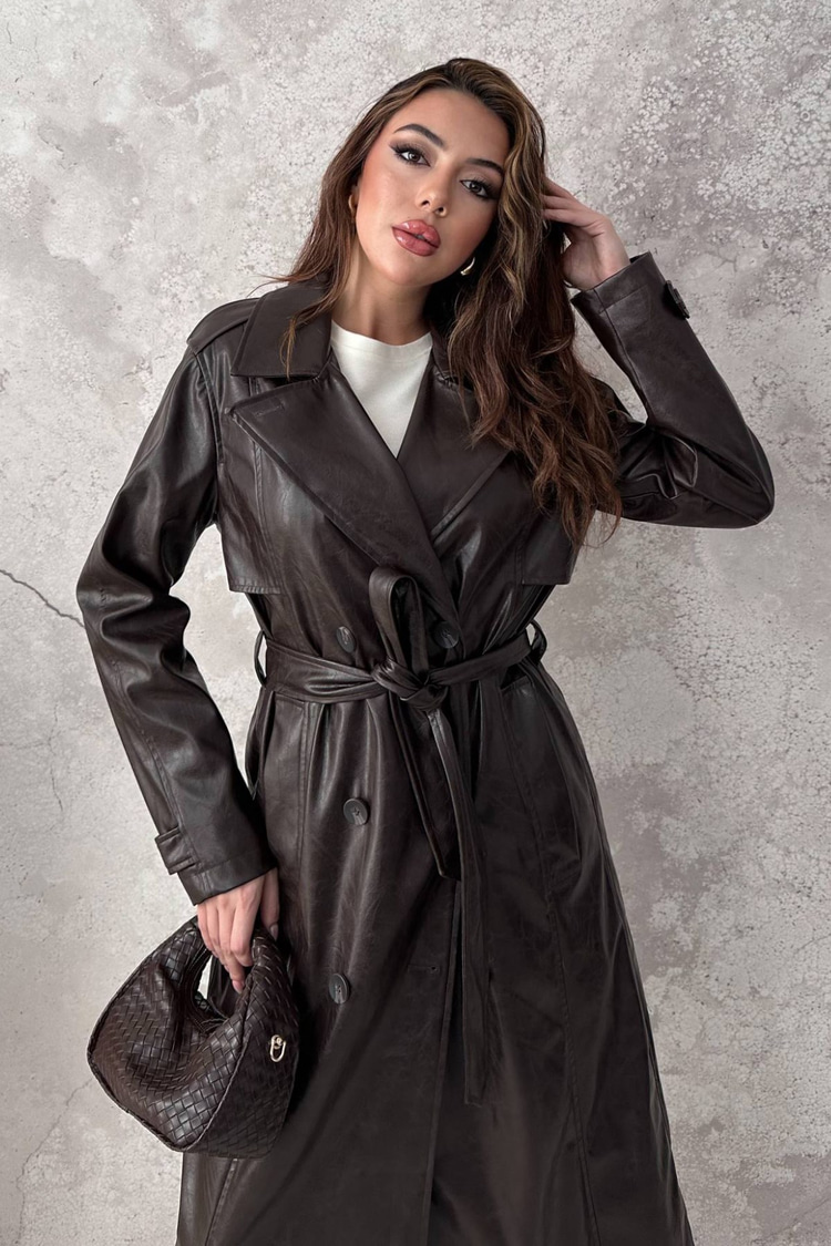 Brown Long Leather Trench Coat
