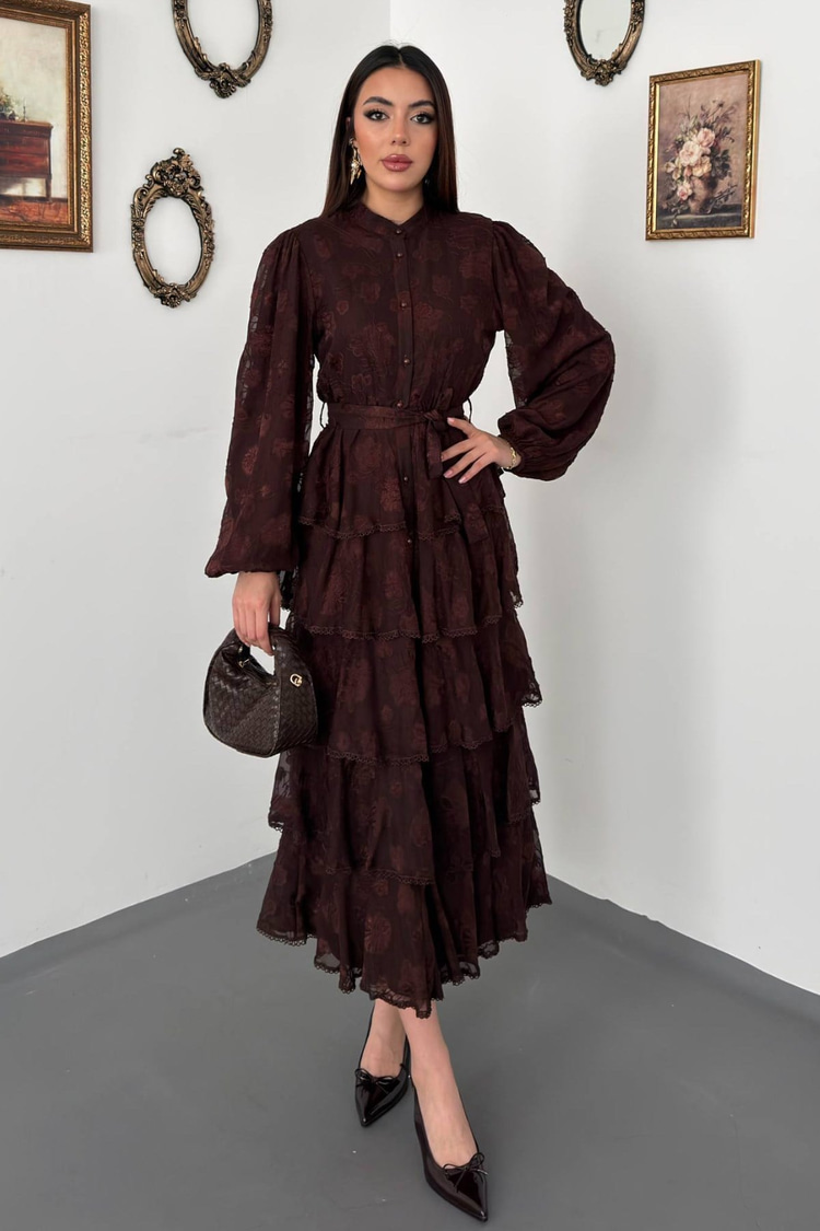 Brown Long Dress With Valances And Stripes