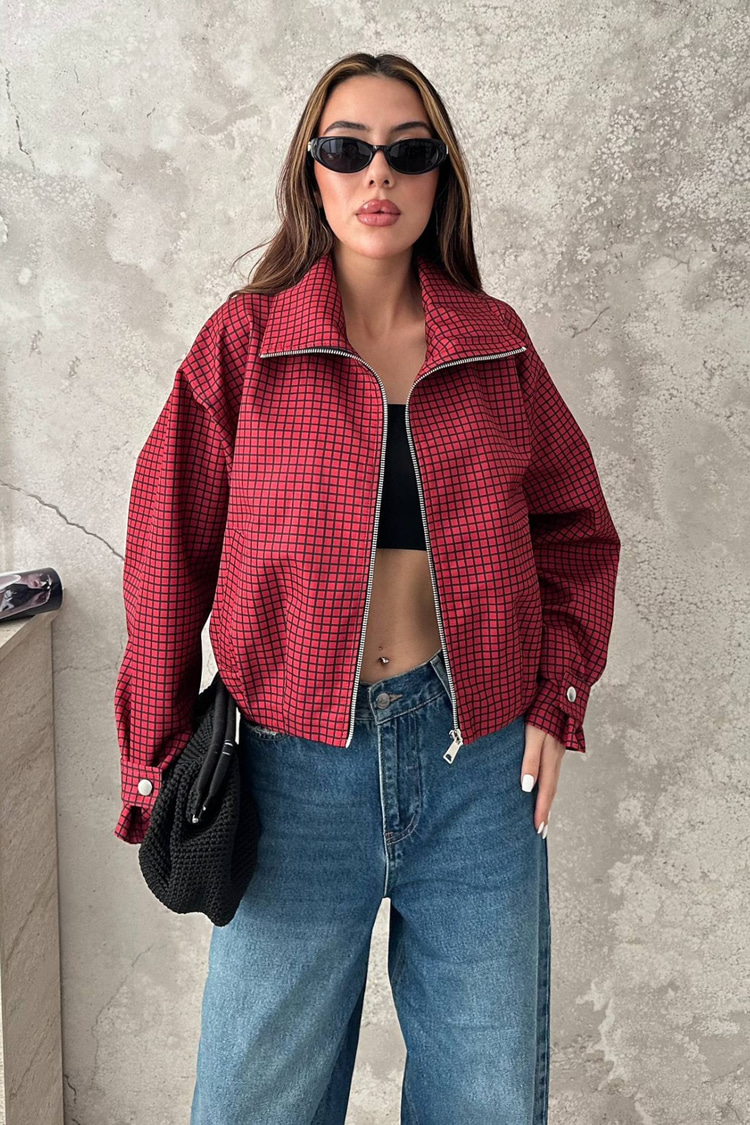 Red Plaid Bomber Jacket