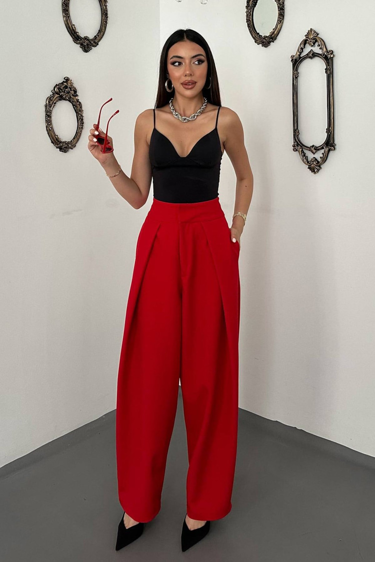Red Pleated Satin Trousers