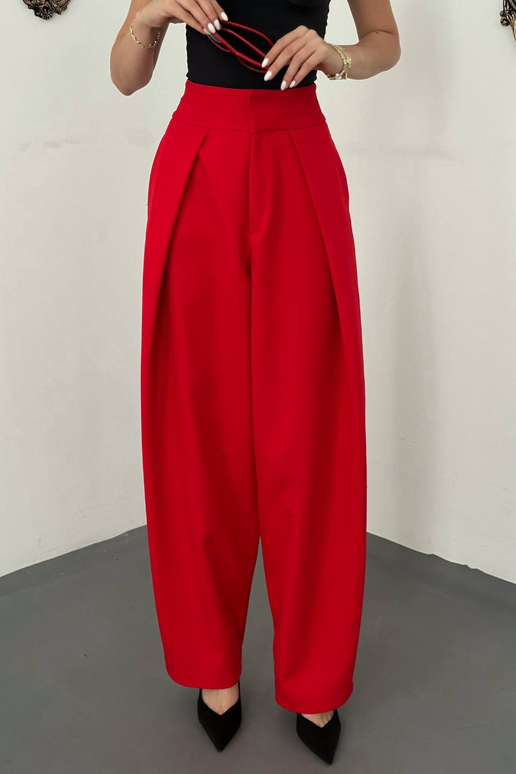 Red Pleated Satin Trousers