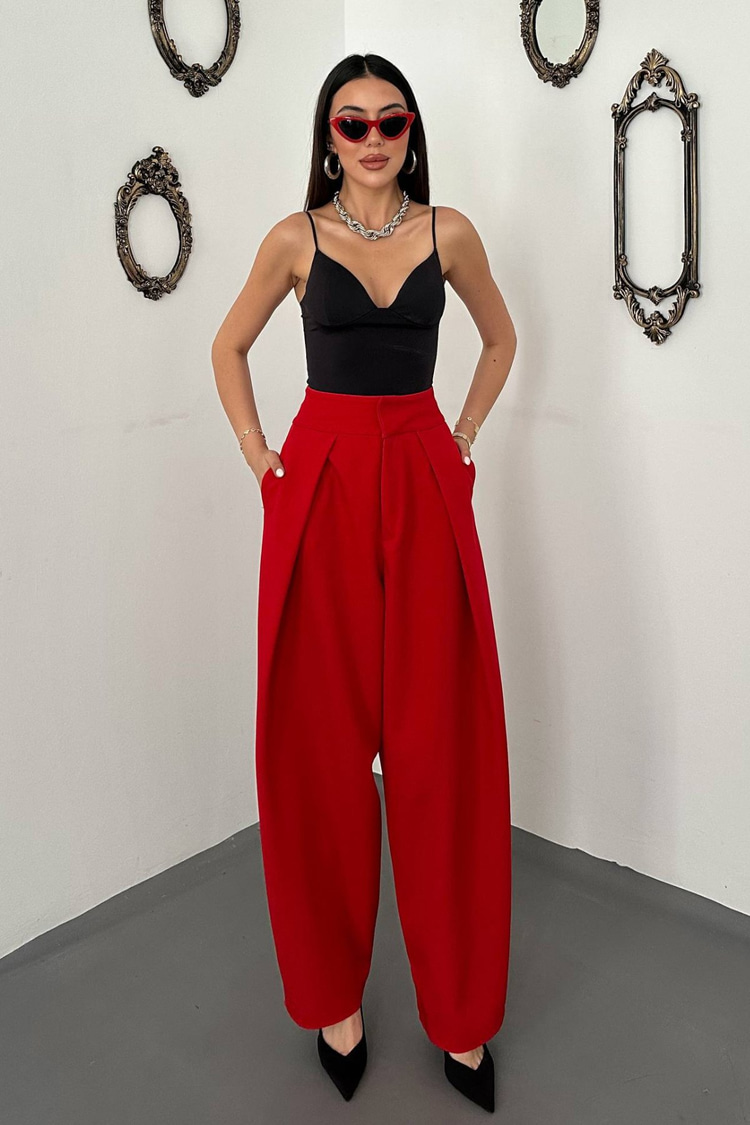 Red Pleated Satin Trousers