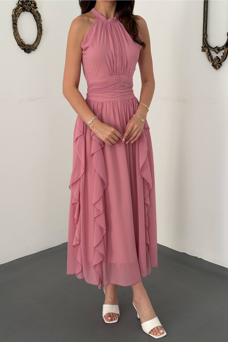 KOYU PEMBE Önü Büzgülü Fırfırlı Elbise