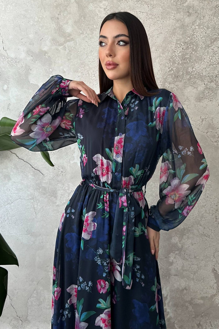 Navy Blue Floral Chiffon Dress