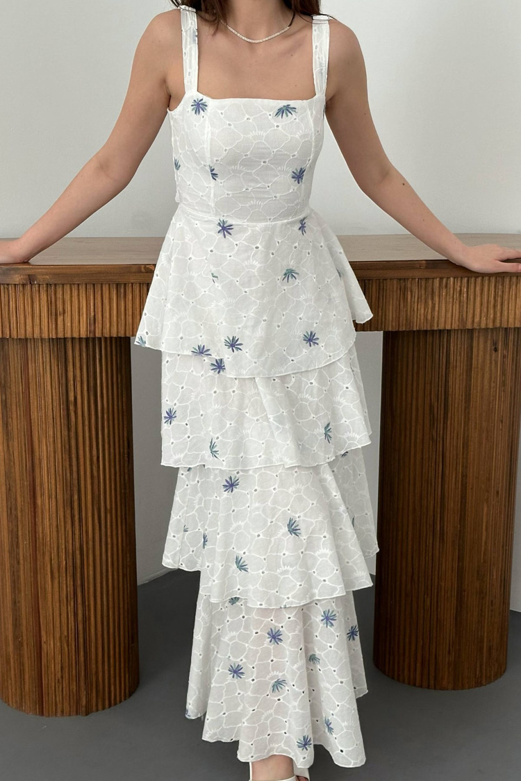Lilac Floral Patterned Layered Dress With Tie-Back Closure