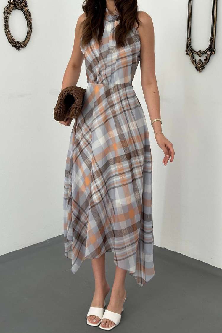 Blue Digital Print Chiffon Dress