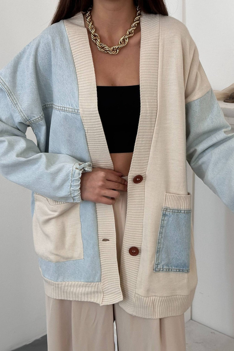 Blue Trimmed Denim Cardigan