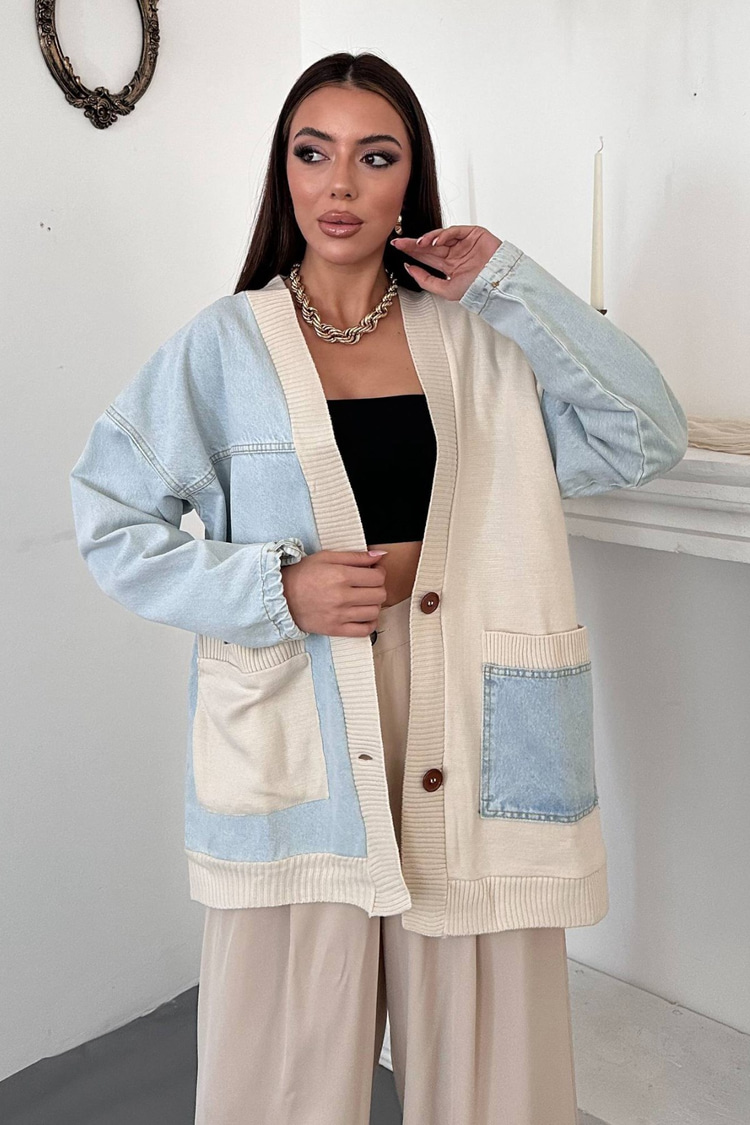 Blue Trimmed Denim Cardigan