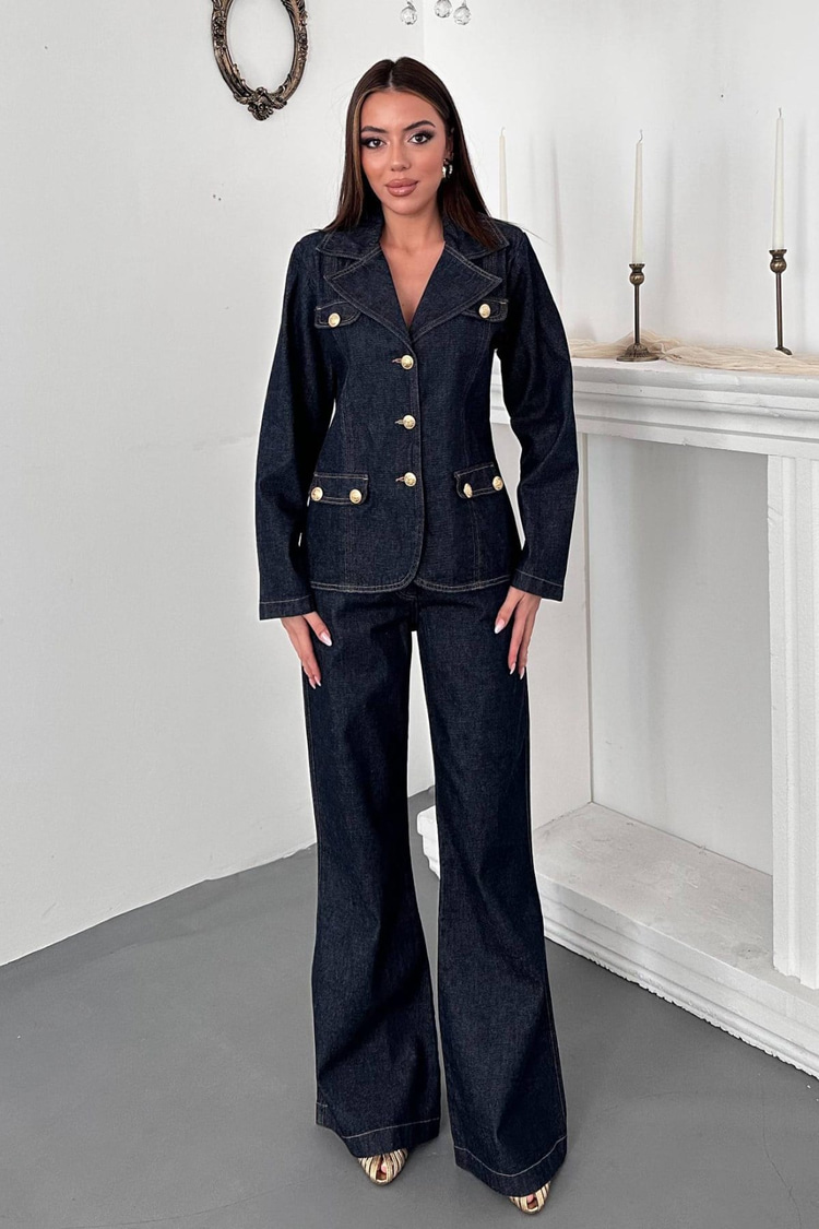 Blue Denim Suit With Gold Buttons