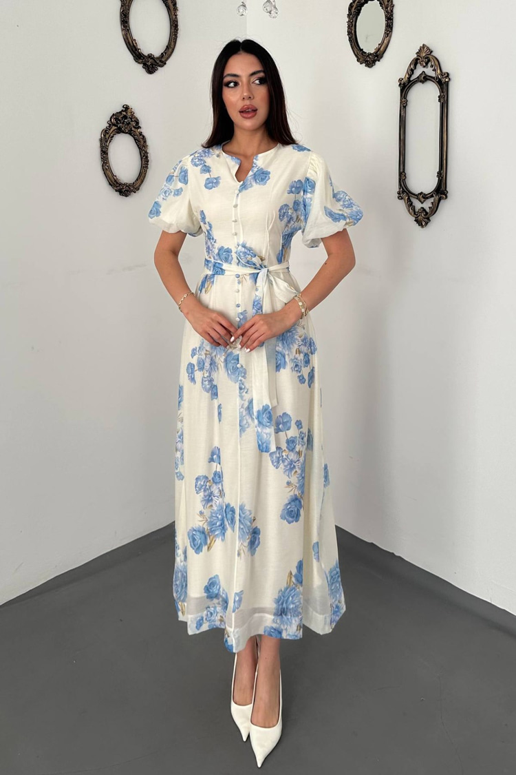 Blue Pleated Balloon Sleeve Dress